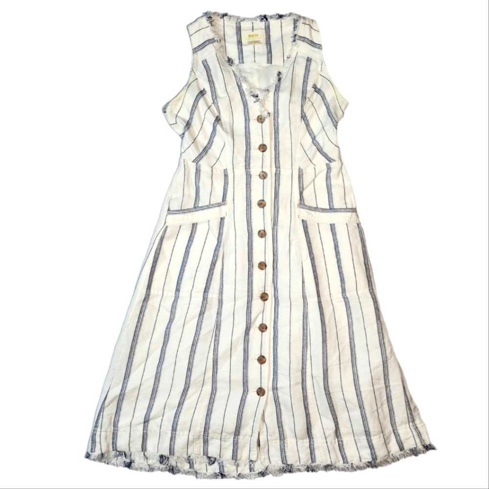 Maeve Anthropologie Sleeveless Button-Up Midi Dress Size 0 White Striped